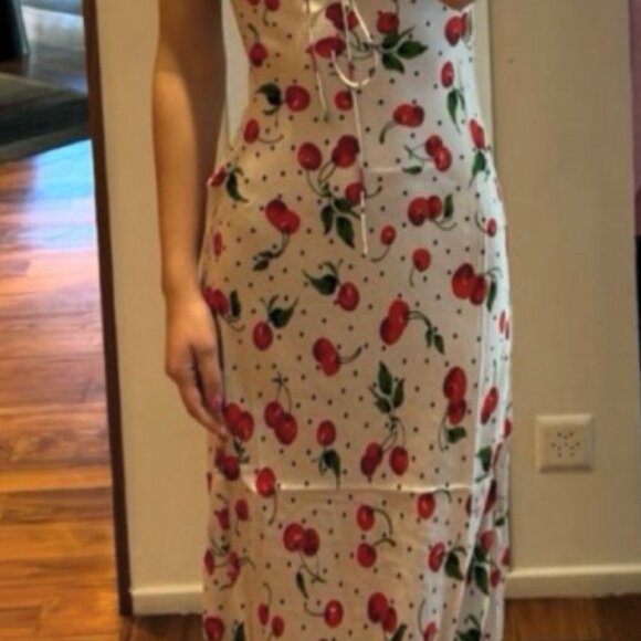 LESLIE AMON Cherry Printed Dot White Maxi Dress Size XS NWT - Picture 6 of 7